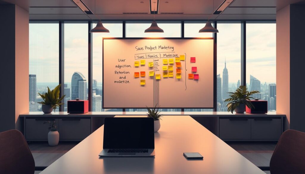A sleek, modern SaaS product marketing office setting. In the foreground, a minimalist desk with a laptop, smartphone, and a strategically placed plant. The middle ground features a large whiteboard with colorful sticky notes outlining key marketing objectives such as user acquisition, retention, and monetization. Warm, directional lighting illuminates the scene, creating a focused and productive atmosphere. The background showcases a panoramic city skyline through floor-to-ceiling windows, suggesting a high-tech, urban work environment. The color palette is a harmonious blend of greys, whites, and pops of vibrant accent colors, reflecting the sophisticated and efficient nature of SaaS product marketing.